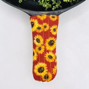 Stocking Stuffer Lot of 4 Cast Iron Pan Handle Potholder Cotton Gold Sunflowers